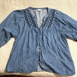 Tencel Chambray Top XL Boho Button Front Embroidered Denim Peasant Blouse